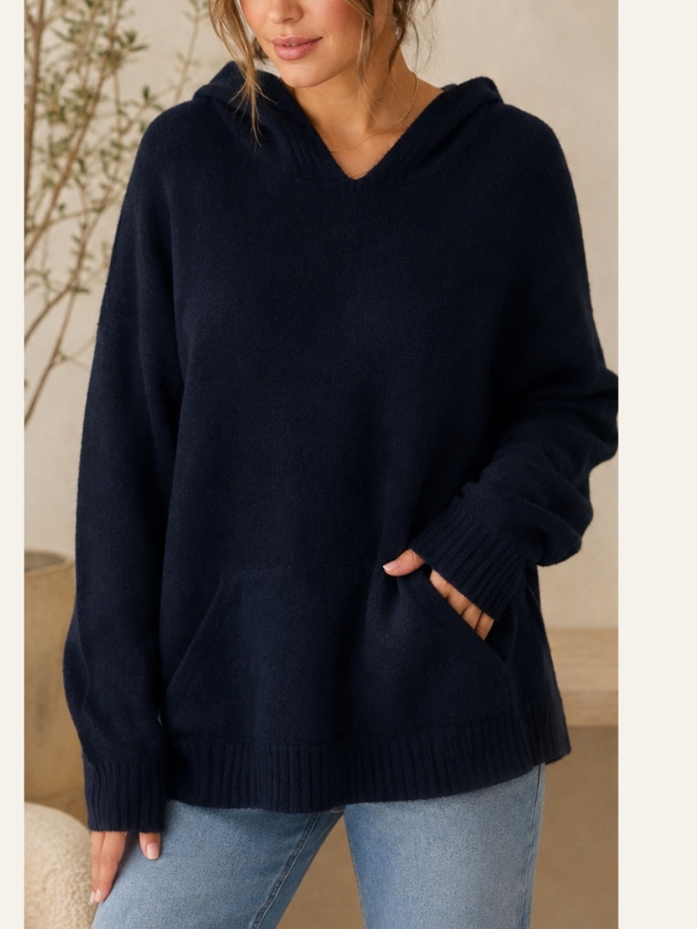 Made in Italy Soft Navy Hooded V-Neck Knit Sweater